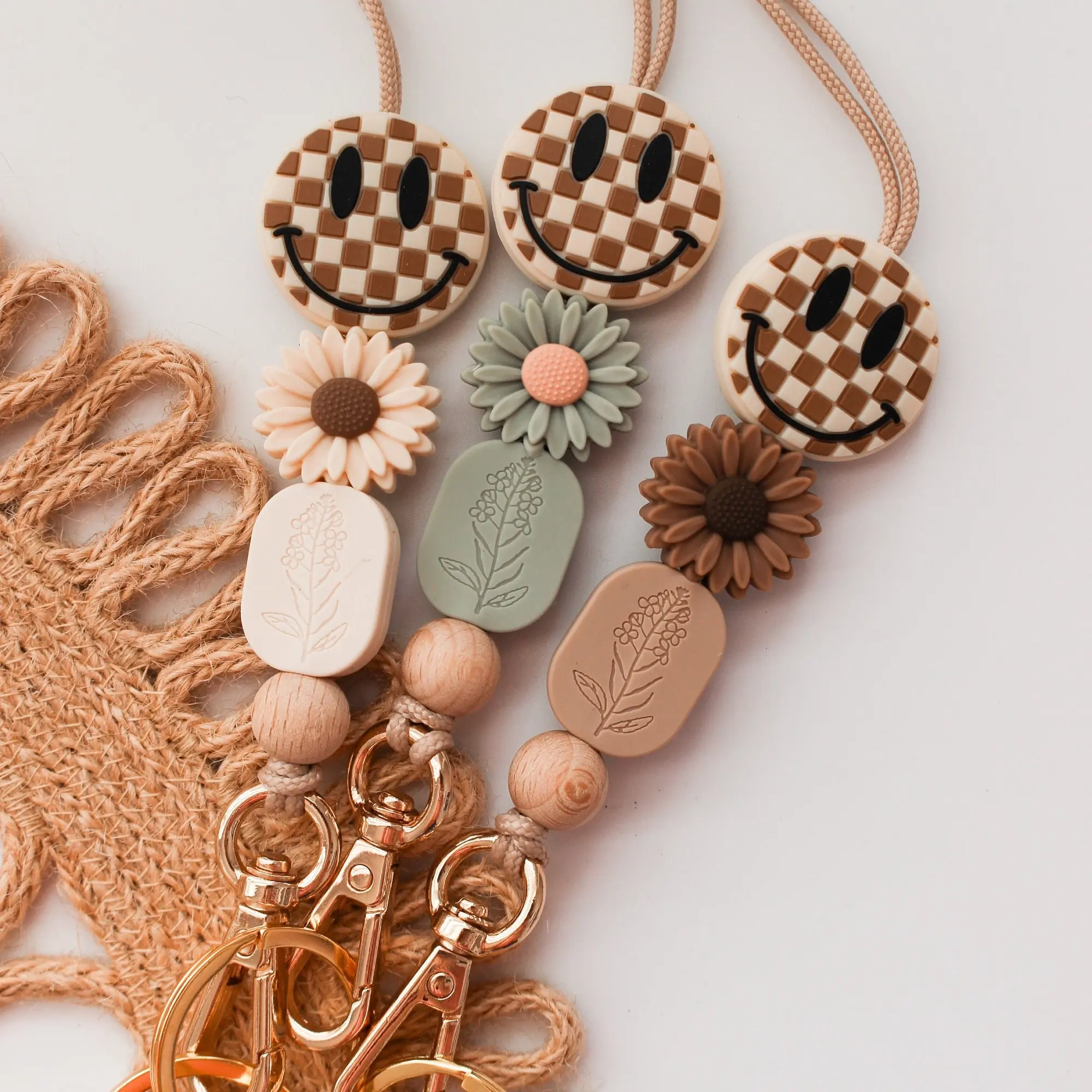 New Style Chic Bohemian Style Silicone Beads Daisy Smiley Face School Day Lanyard Key Chain
