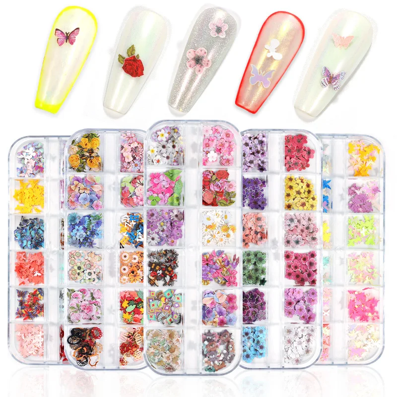 12 Girds Nail Art DIY Butterfly Rose Pastoral Nail Dried Flower Christmas Wood Pulp Patch Nail Art Flower Wood