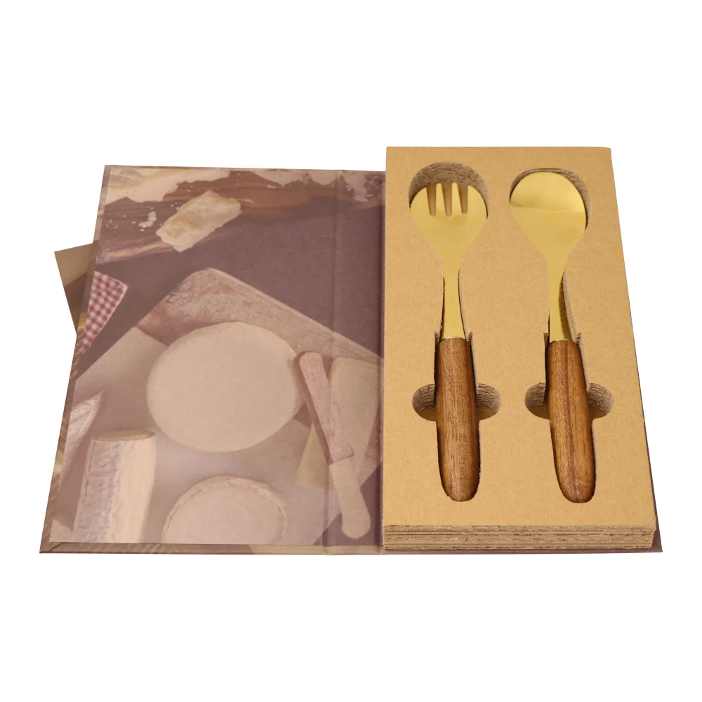 Gold color stainless steel Salad Serving Spoon Fork Set Wooden Cooking Fork Spoon