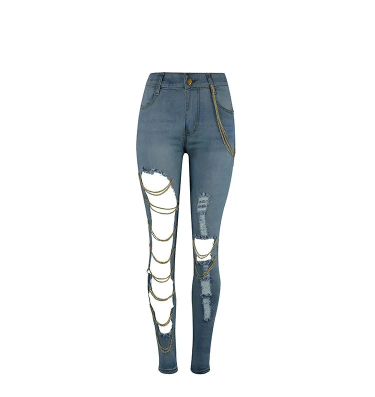 Fenyway  New arrival women skinny chain blue pencil pants fashion ladies ripped jeans