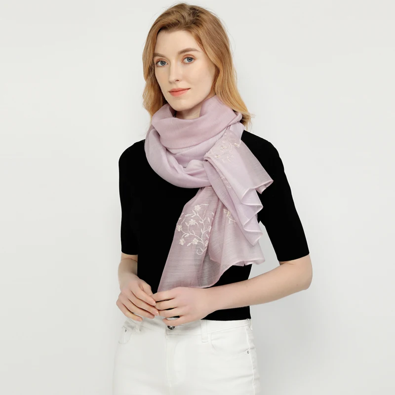 Purple lightweight embroidered silk wool blend fabric scarf cashmere long women shawl