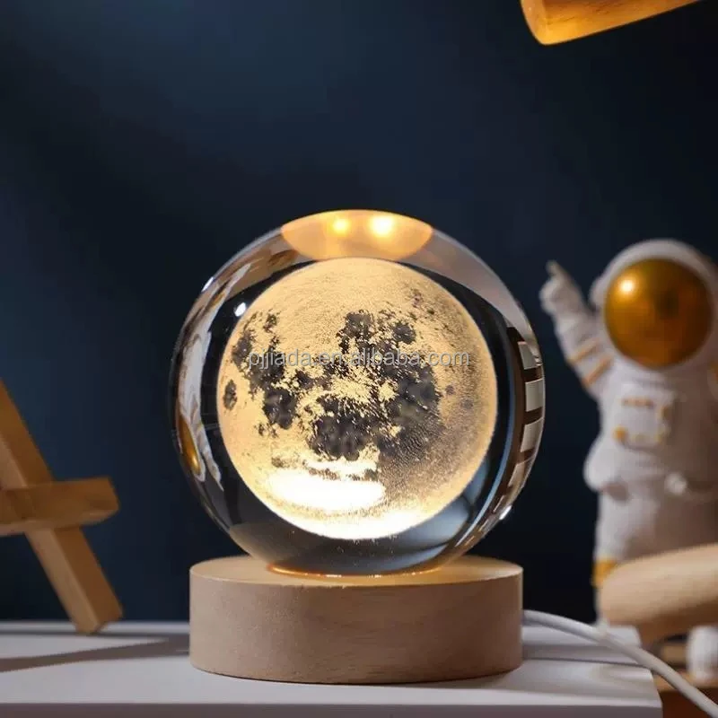 Crystal Ball Small Light Night 3D Engraved Axolotl Rose Moon Planet Galaxy Glass Ball with Wood Led Light for Home Decor