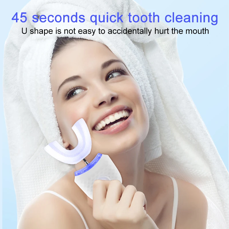 U Shaped Electric Toothbrush Teeth Whitening Dental Device 360 Degrees Ultrasonic Silicone Automatic Electric Toothbrush IPX7