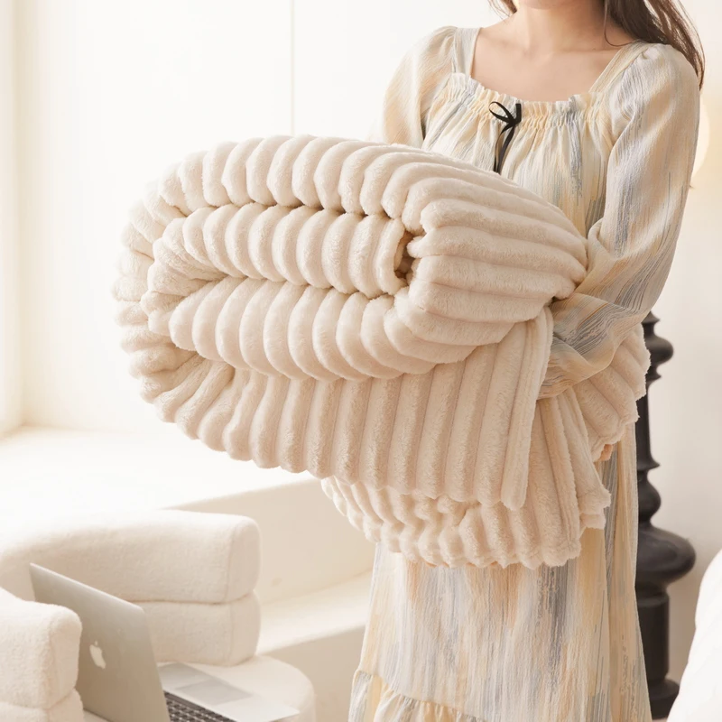 Super Soft Solid Striped Flannel Throw Blanket for Winter Woven Fleece Plush for Couch Sofa Bedroom-Simple Style