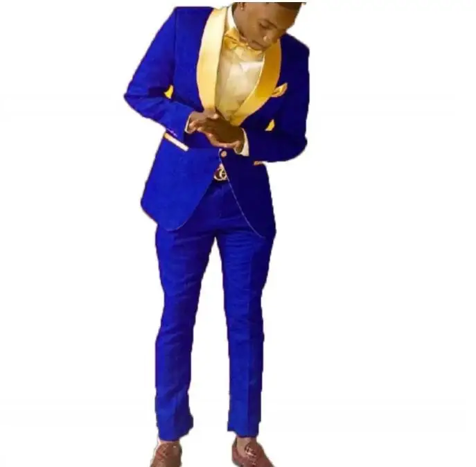 Groomsmen Royal Blue Groom Tuxedos Shawl Gold Lapel Men Suits 2 Pieces Wedding Bridegroom ( Jacket+Trousers)