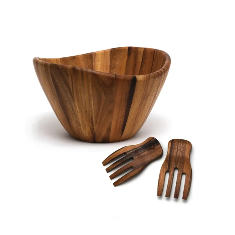 Fashion Design Kitchen Countertop Irregular Shape Wood Brown Wave Bamboo Salad Bowls With Server