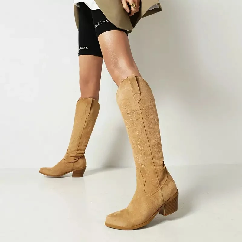 OEM/DOM Fashion Cowgirl Women Knee High Boots Suede Leather 6cm Thick Chunky Heel Vintage Women Western Boots