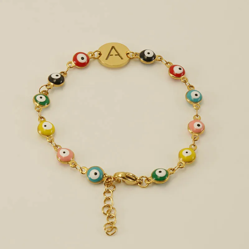 Hot Sale Custom High Quality 18K Gold Plated Stainless Steel A-Z Letter Turkey evil eyes Bracelet Cute Eyes Bracelet