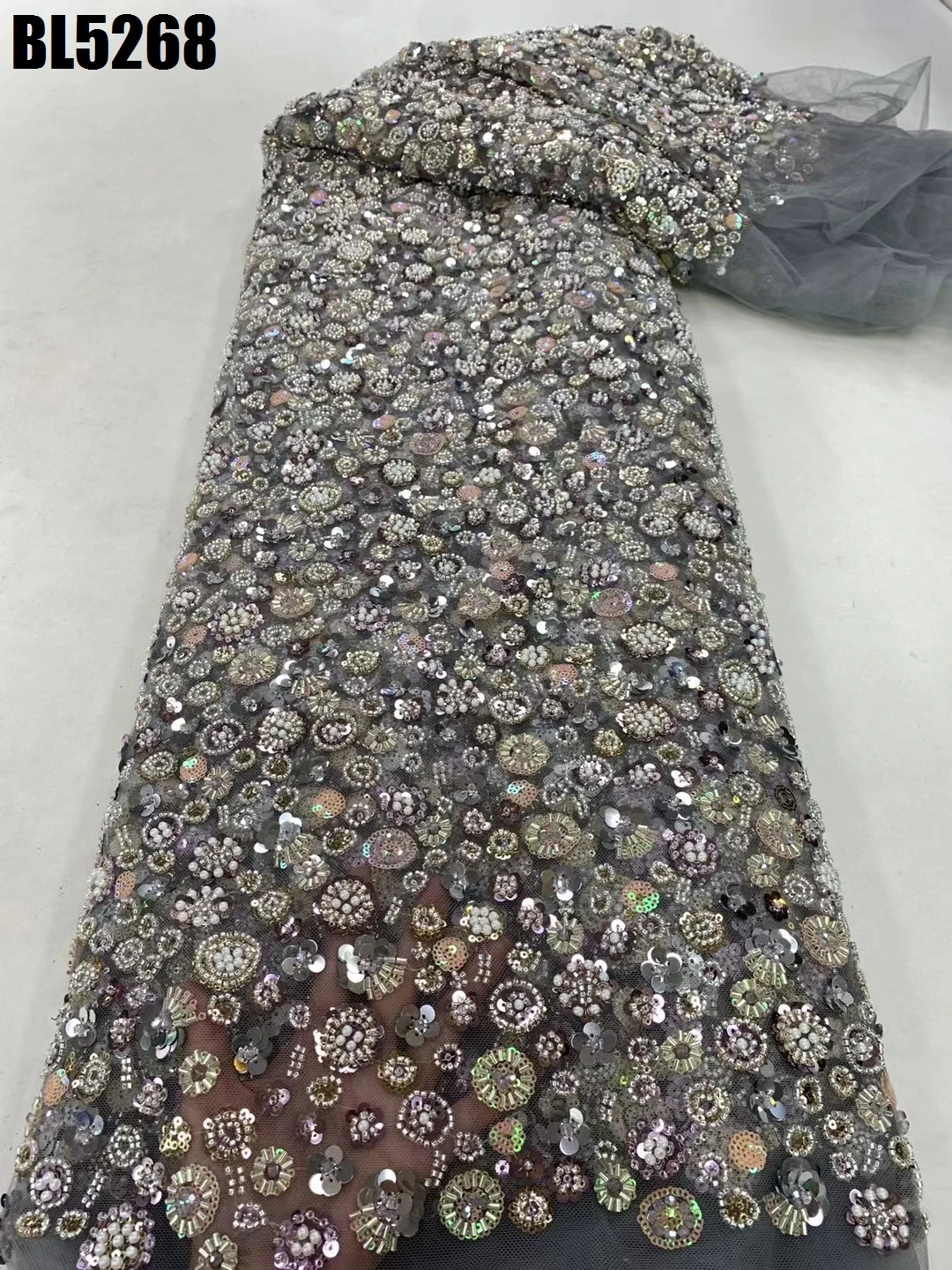 Hot selling United Arab Emirates Dubai Luxury lace fabric Beaded lace with sequins wedding dress embroidered fabric