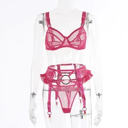 Deep Love Wholesale 2023 Hot Women Sexy Lingerie Transparent Bra Set Solid Color Pink Hollow Out Women Sexy Three Sets