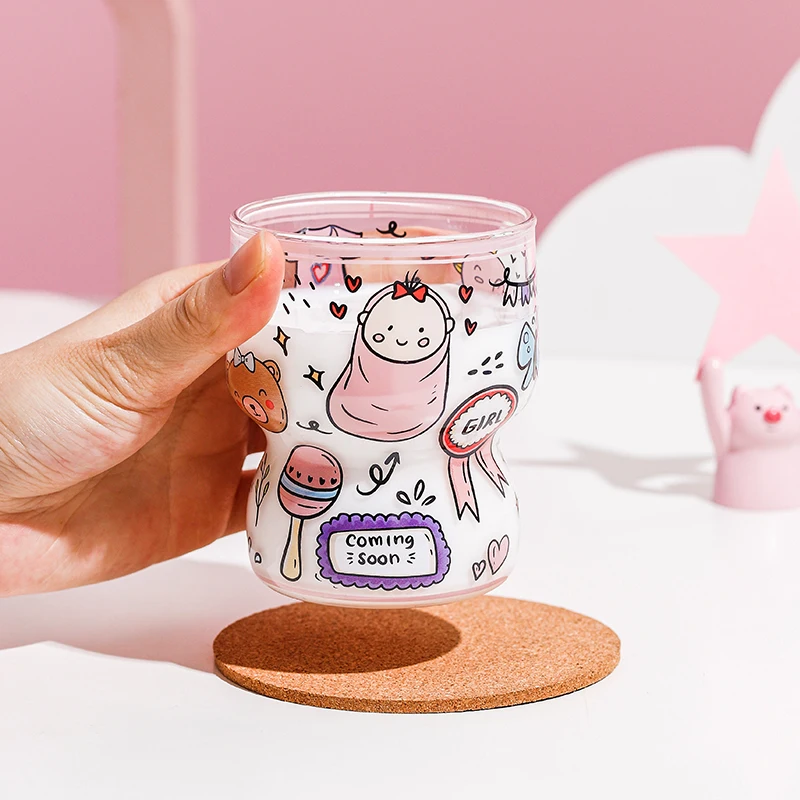 Glass mug gift box set clear borosilicate glass single wall drinking mug cute pattern cartoon mug