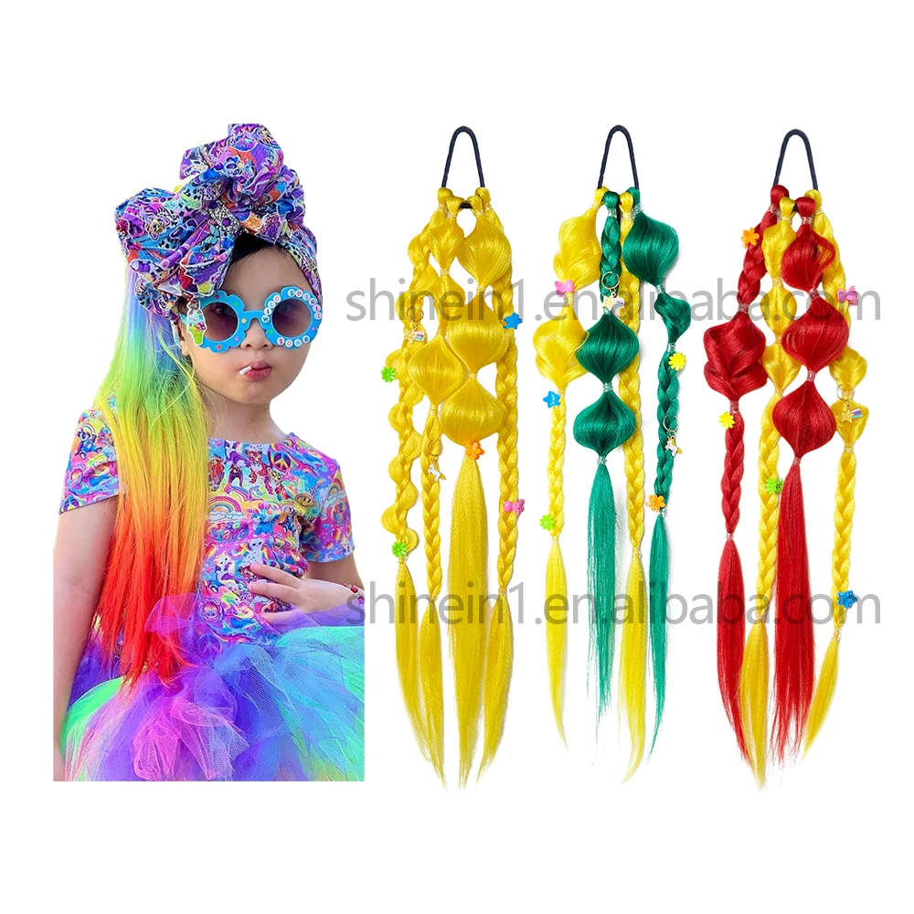 Wholesale 24inch Cosplay Handmade Crochet Colored Hair Extensions Synthetic Bubble Braid Hair Ponytail with Rubber Bands