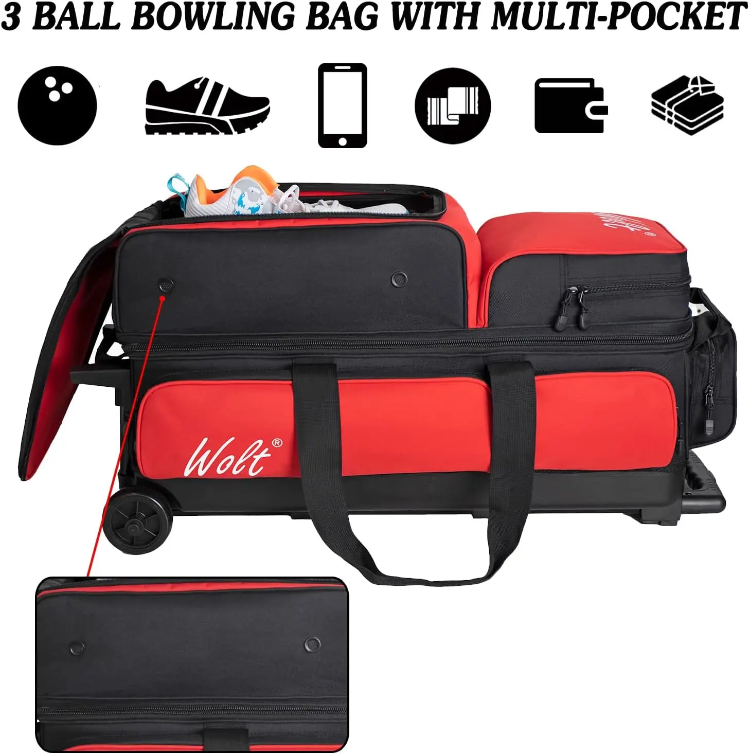WOLT 3 Ball Bowling Bags with Wheels with Separate Shoe Compartment Ultra-large Capacity Accessory Pocket Retractable Handle
