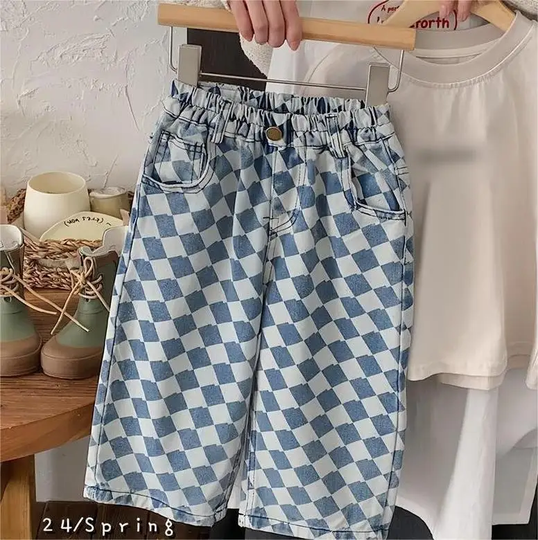 Wholesale 2024 Spring Diamond Plaid Kids Jeans Pants