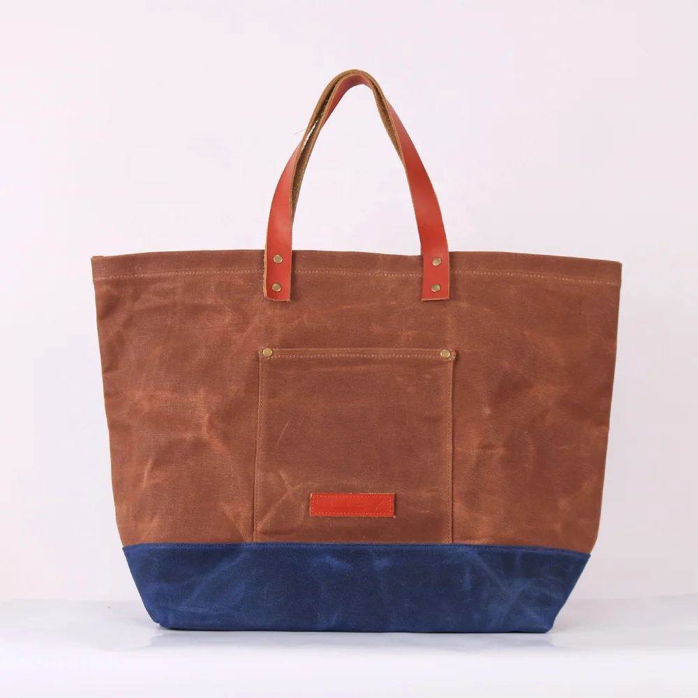 CHANGRONG Custom vintage brown waxed leather canvas large tote bag for travel