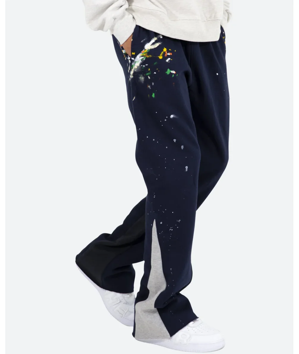 high quality Bootcut Sweatpants relaxed fit elastic multi-color paint splatter denim & contrasting panels flare pants