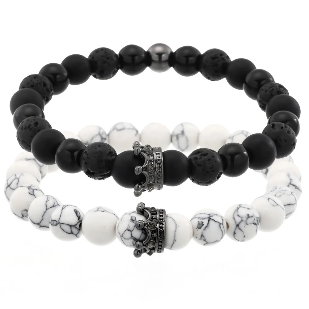 Hot selling crown diamond for men and women bracelet black frosted white turquoise couple set bracelet