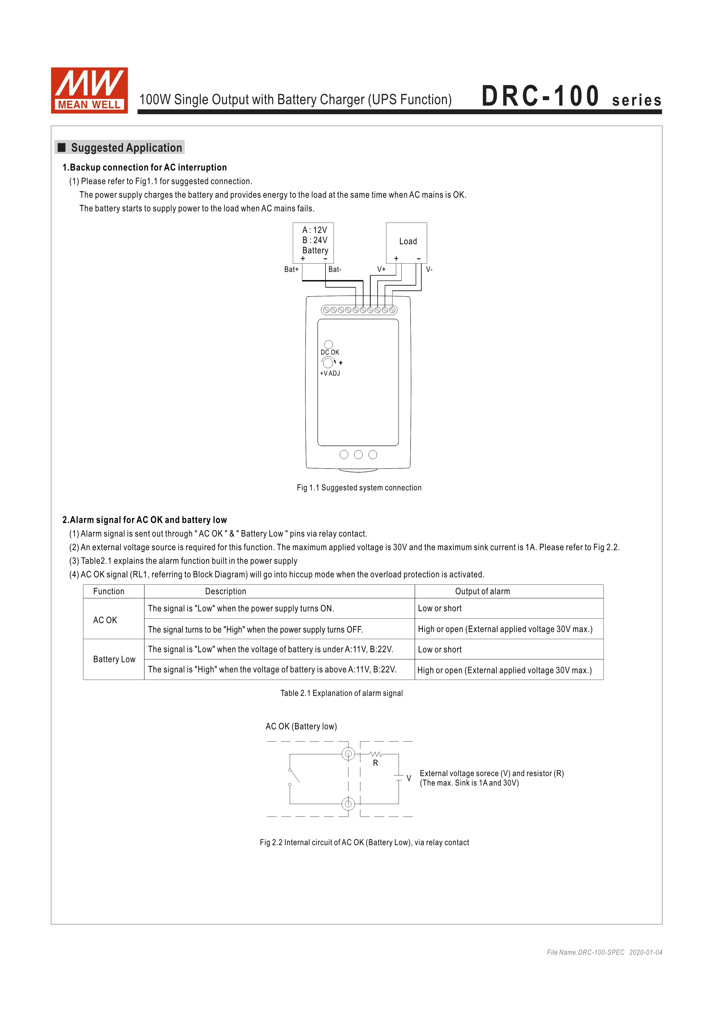 Original MEAN WELL DRC-100B 100W 27.6V Single Output with Battery Charger (UPS Function)