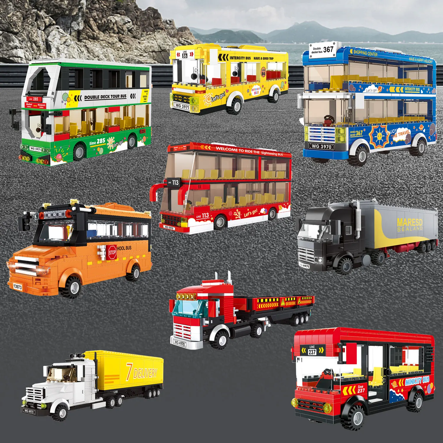 City Bus Transportation Container Truck School Sightseeing Bus Series Building Blocks Assembly Collection Toys for Kids Unisex