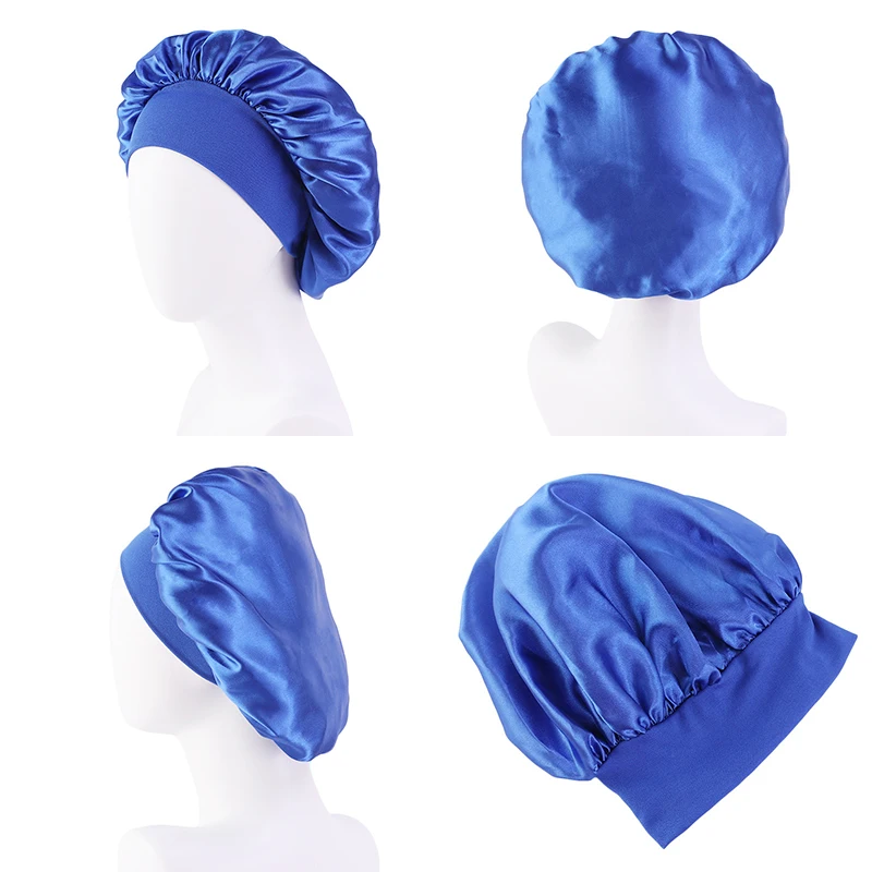 Custom Logo Plain Night Wide Edge Silky Sleep Cap Women Hair Silk En Satin Bonnets With Elastic Band
