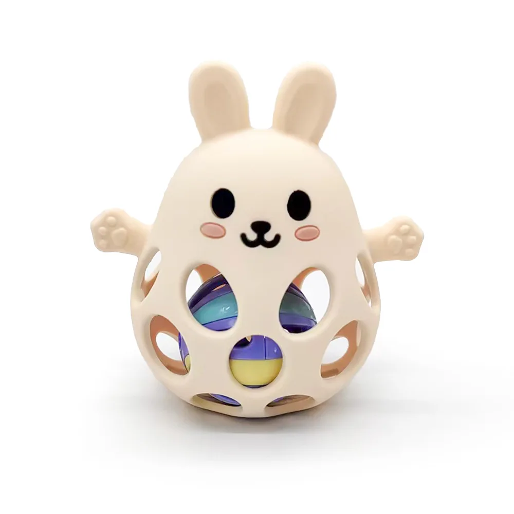 Rabbit shape high quality silicone hand grabbing ball baby grasp training oem silicone teether newborn teething toys