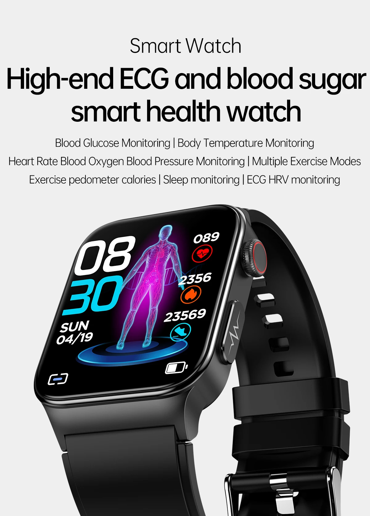 E500 1.83-inch Square Screen Smart Band Continues Ecg Heart Rate Blood Glucose Sugar Meter Monitor Watch