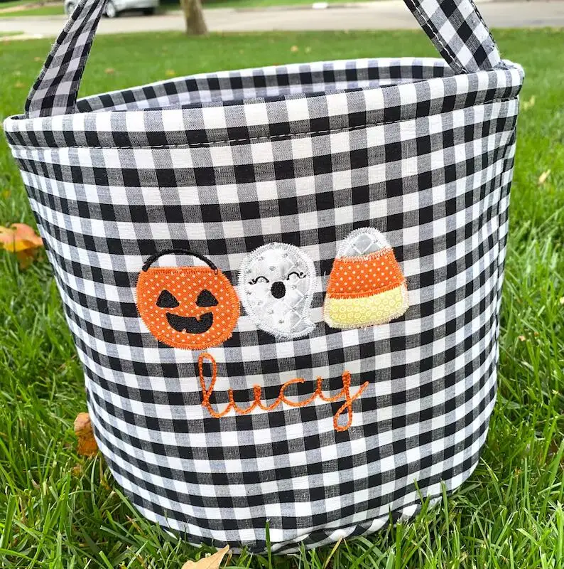 2022 Personalized Orange Black Gingham Halloween Bucket Child Candy Corn Trick or Treat Bag Bat Halloween Festival Decoration