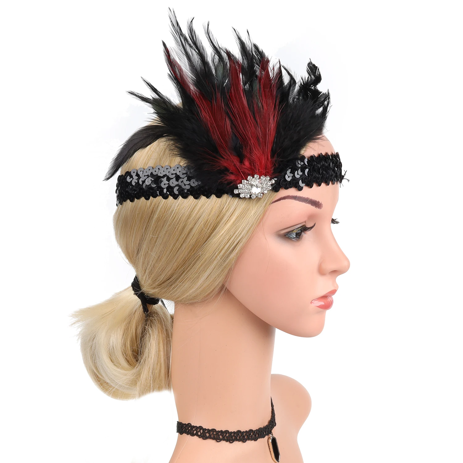 Women Feather Headband with Rhinestone Tassel 1920 Gatsby Flapper Girl Vintage Hair Band Showgirl Crystal Party Queen Headpiece