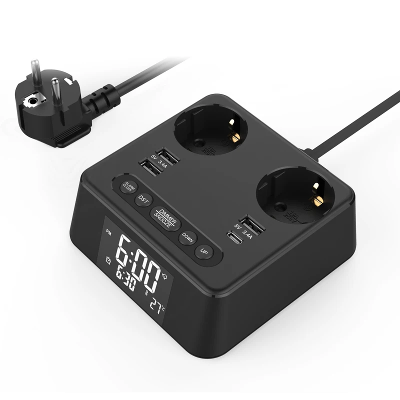 DC169 ЕС отель рядом с настольной розеткой 2 розетка цифровым будильником USB-портами типа C