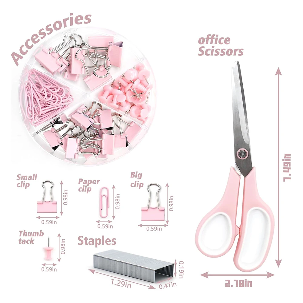 Pink Desk Accessories Staple Remover Paper Clips Scissor And Stapler Tape Dispenser Set For Students