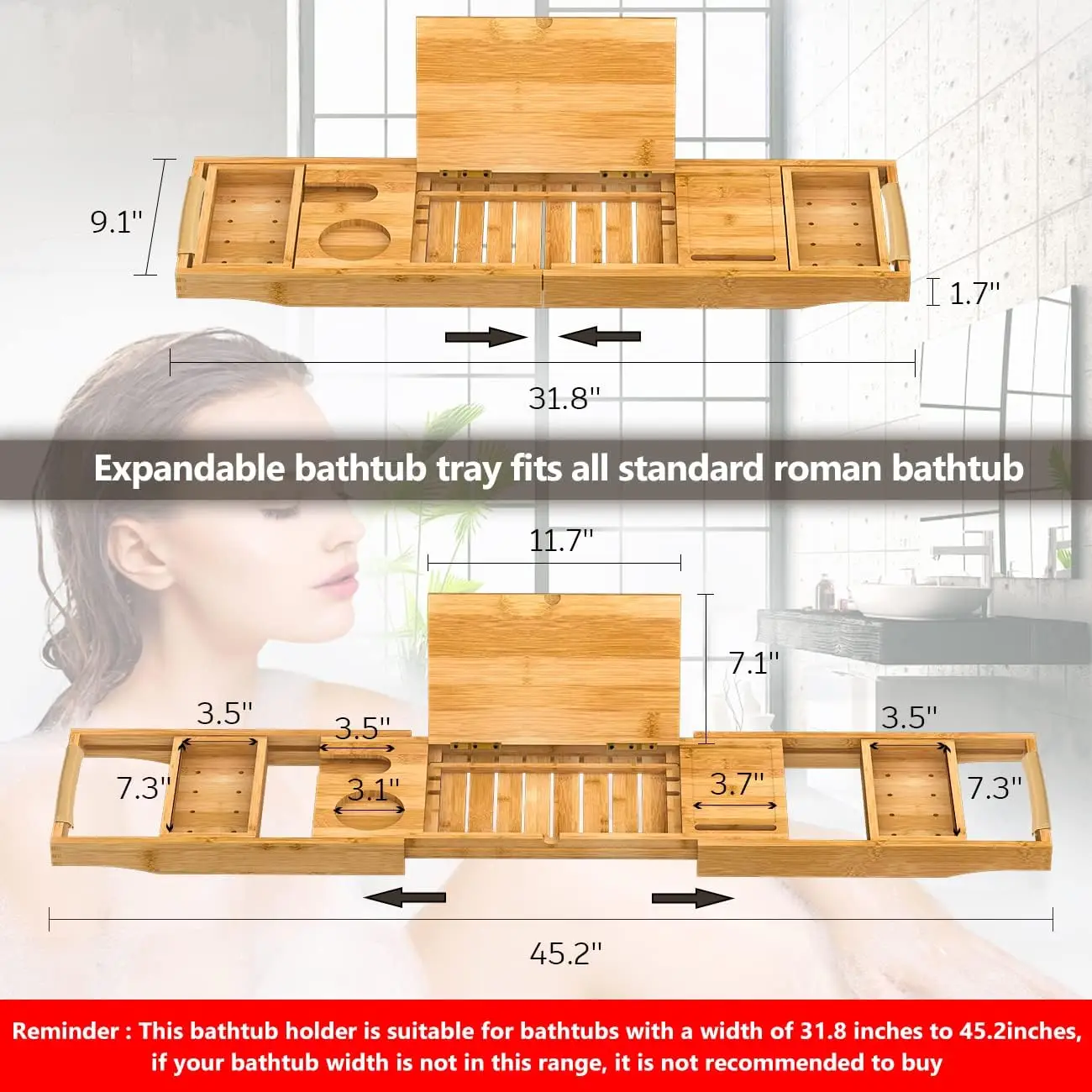 Foldable Soaking Tray Bamboo Bathtub Caddy for home Bathtub Tray With Extending Side