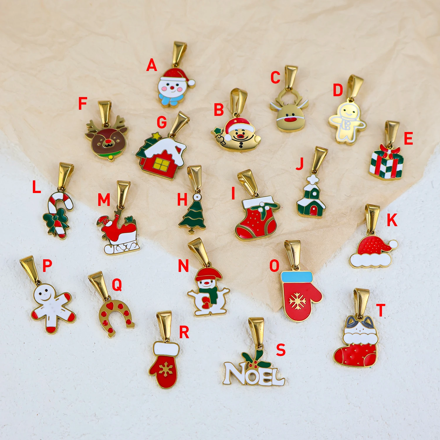 Cute Christmas Series Charms Jewelry Stainless Steel 18K Gold Plated Enamel Snowflake Snowman Deer Santa Claus Moon Bell Pendant