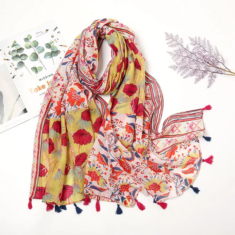 New colorful print floral long shawl tassel scarves women vintage viscose cotton scarf