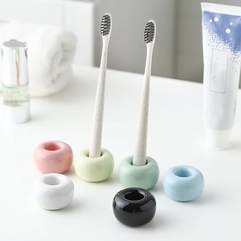 RAYBIN 3 pieces bathroom round small mini ceramic toothbrush holder stand for toothbrush