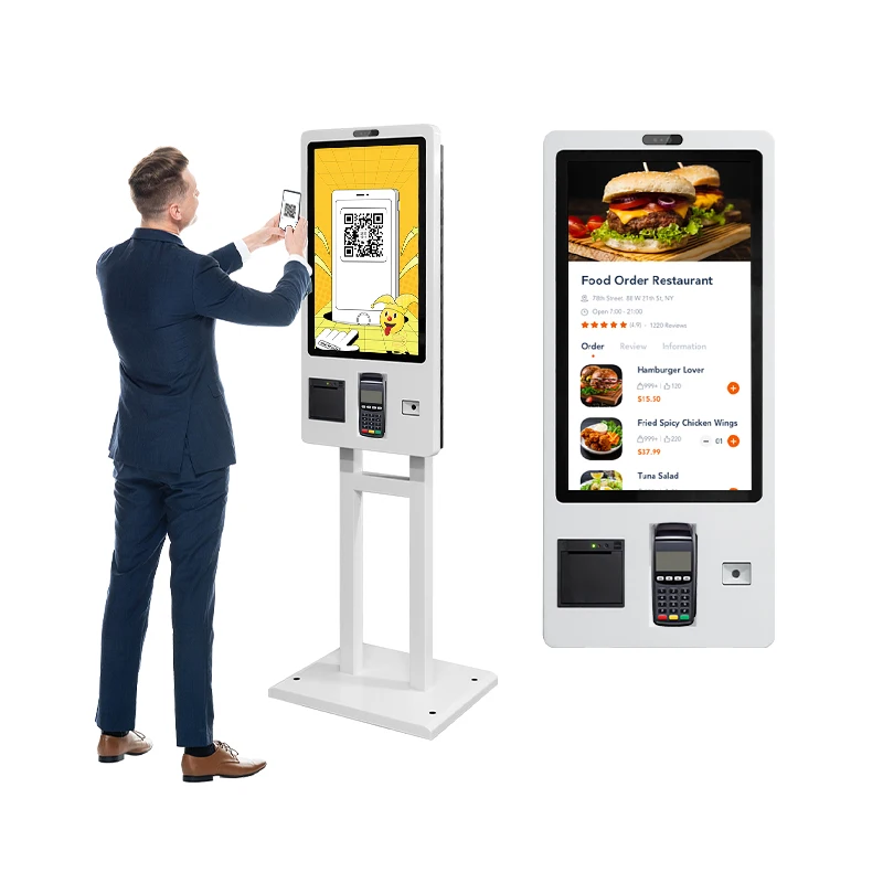 order kiosk QR code or barcode scanner 24 27 32 inch wall mount floor stand fast food coffee shop touch screen restaurant kiosk