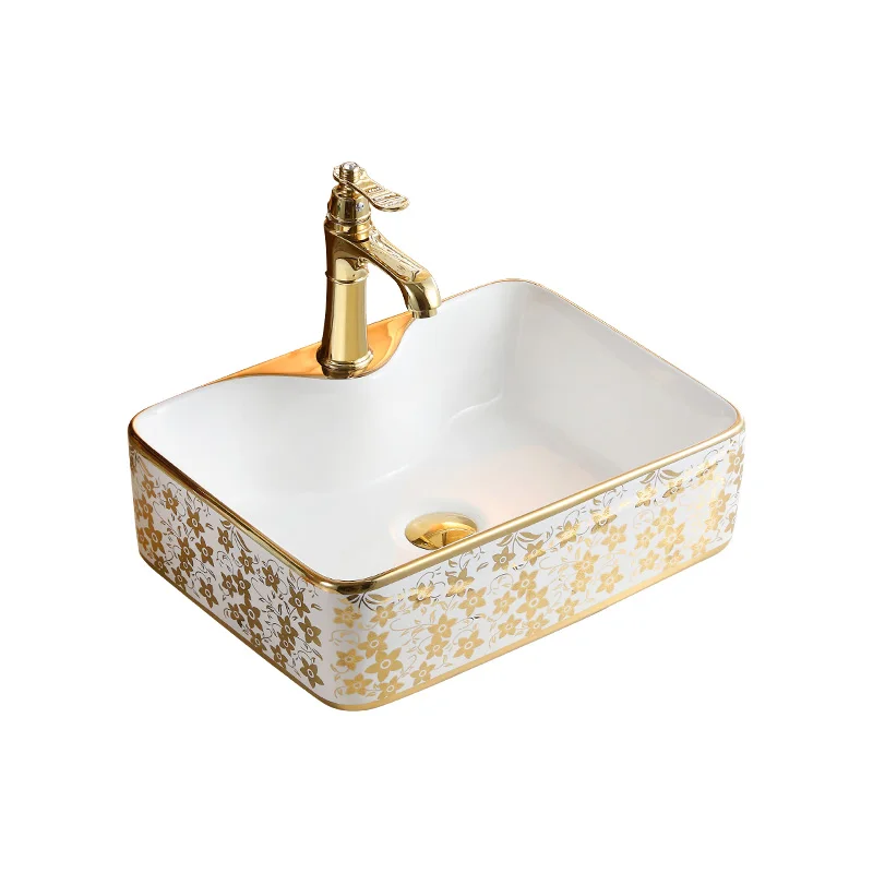 Modern Square Hand Wash Basin Lavabo Ceramic Gold Color Plated Countertop Bathroom Sink