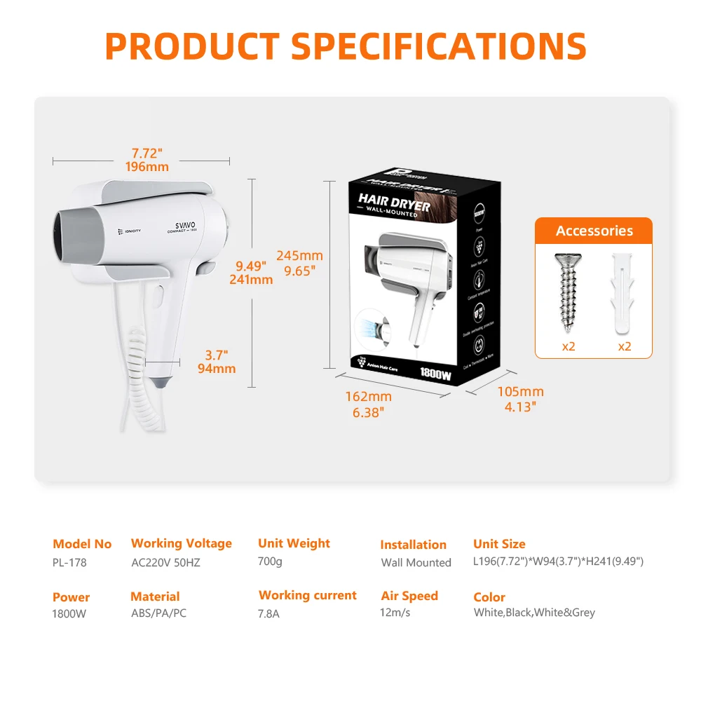 1800W Bathroom wall mounted Hair Dryers High speed Professional Hair Dryer for Hotel