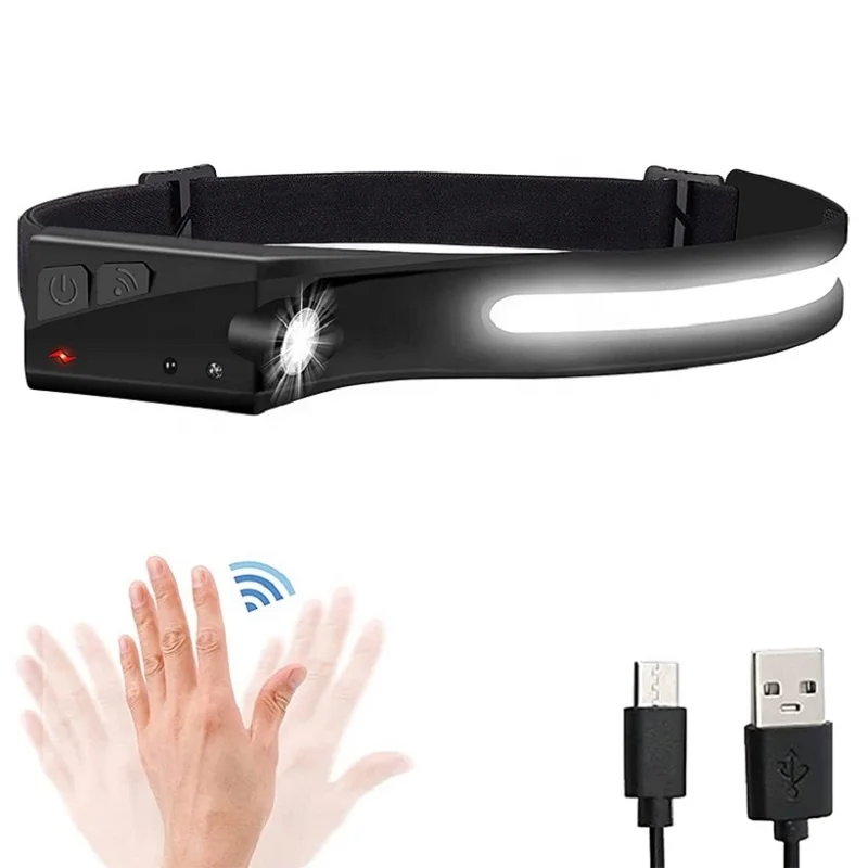 Waterproof LED Headlamp Flashlight with Wave Sensor Rechargeable COB LED Headlight with 5 Modes