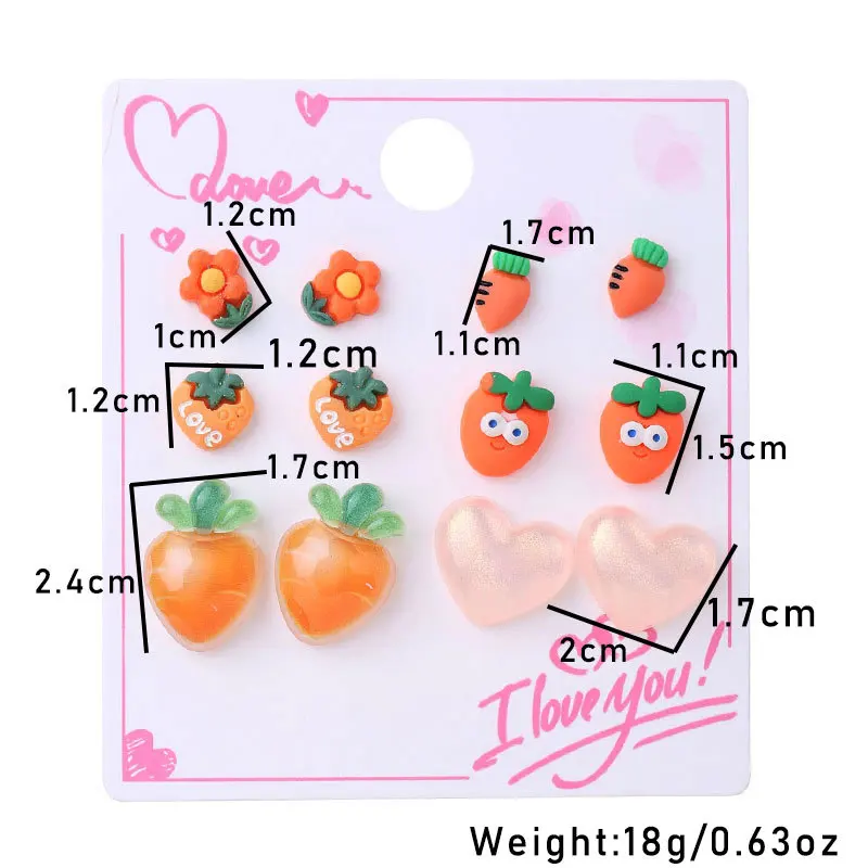 Finetoo Cartoon Solid Color Cute Acrylic Small Stud Earrings Creative Carrot Flower Animal Earrings Set for Women Girls