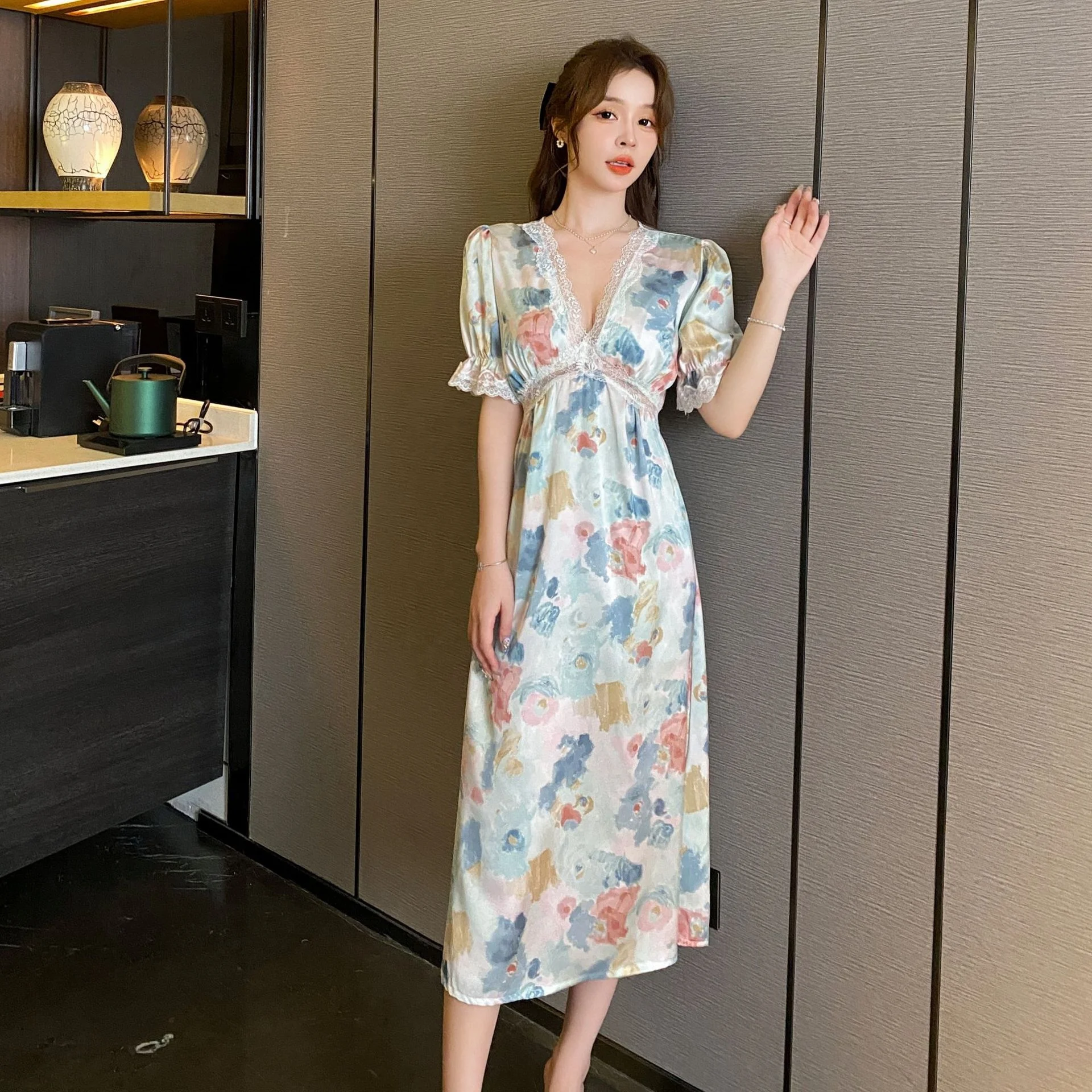 New Arrival Short Sleeves Floral Long Night Gowns Luxury Silk Satin Summer One Piece Nighty Ice Silk Pajamas for Women