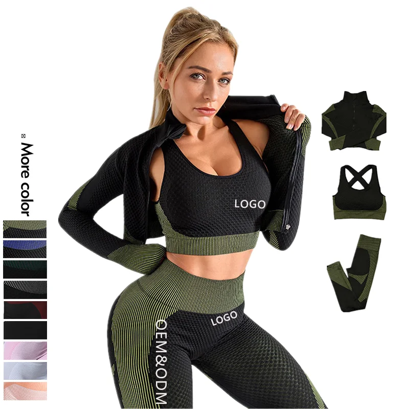 Xsunwing S-XL Women Yoga Set 3Pcs Sports Seamless Gym Leggings Long Sleeve Crop Top Bra and Jacket Fitness Sportswear Tracksuit