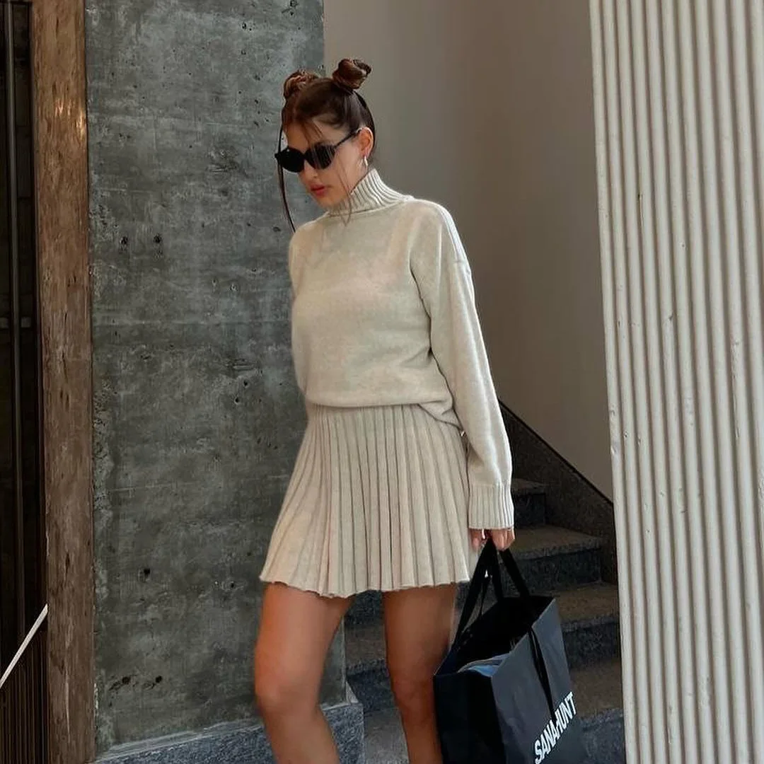 2024 Autumn Winter Folds Skirt Sets For Women Turtleneck Knitted Pullover Femme Mini Skirts 2 Piece Sets Womens Outfits