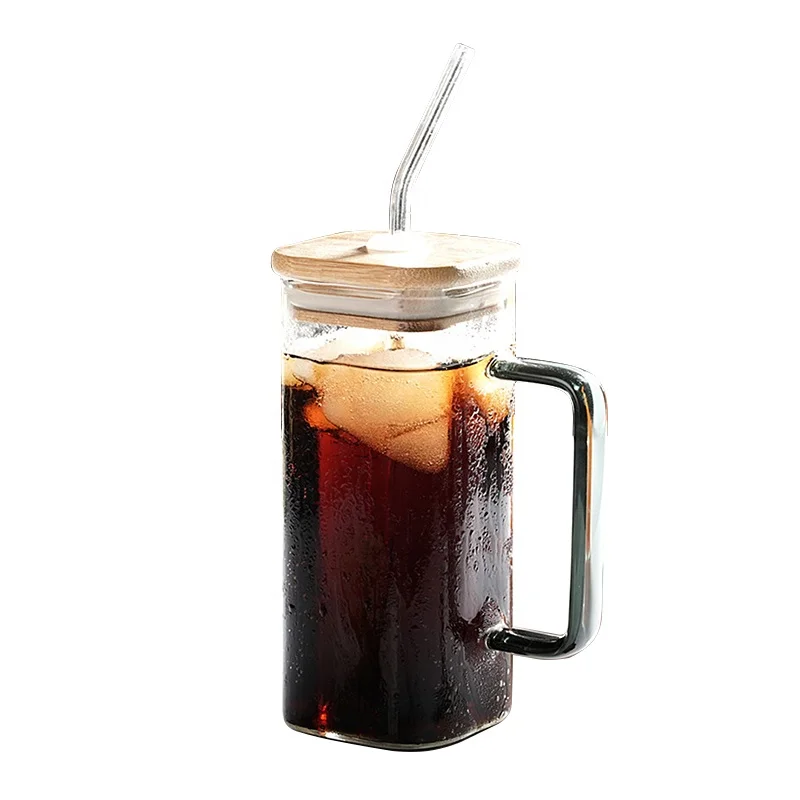 Hand Blown Glass Drinking Water Bottle high borosilicate glass square tube with bamboo lid with glass straw and  color handle