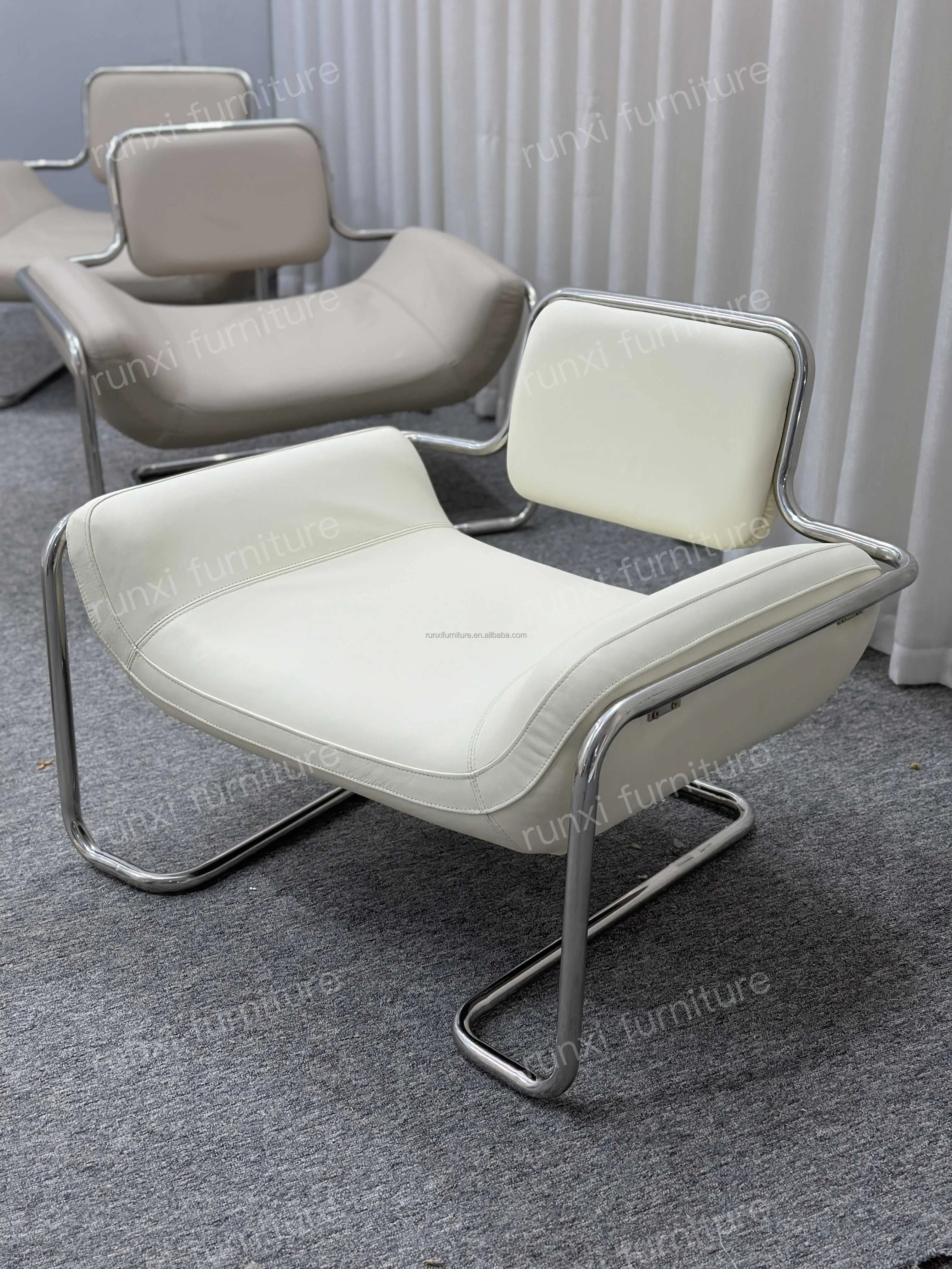 Convex Leather Single Chair with Stainless Steel Frame Simple Bean Bag Style for Living Room Leisure-Home Furniture