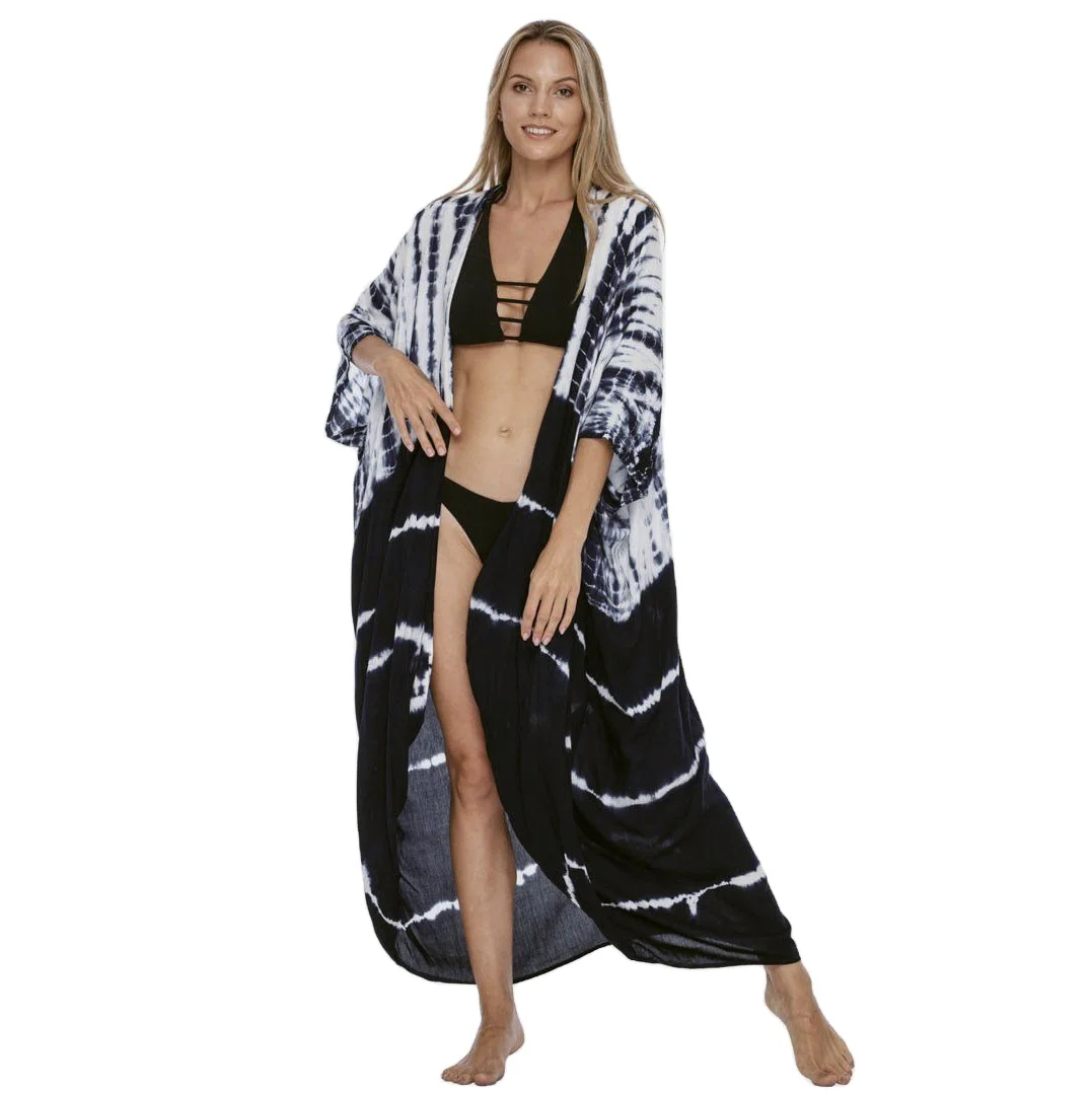 Tie dye rayon sexy oversized long cardigan Bikini cover ups Swim suit cover Batwing sleeve self belted women beach dress