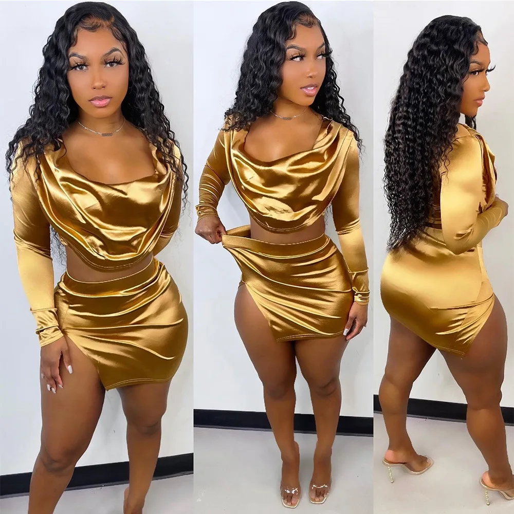 New 2022 Spring Dresses Outfits Hot Selling Women Set Skirt and Top Casual Bodycon Satin Dresses Gold Satin Skirt Sets Women