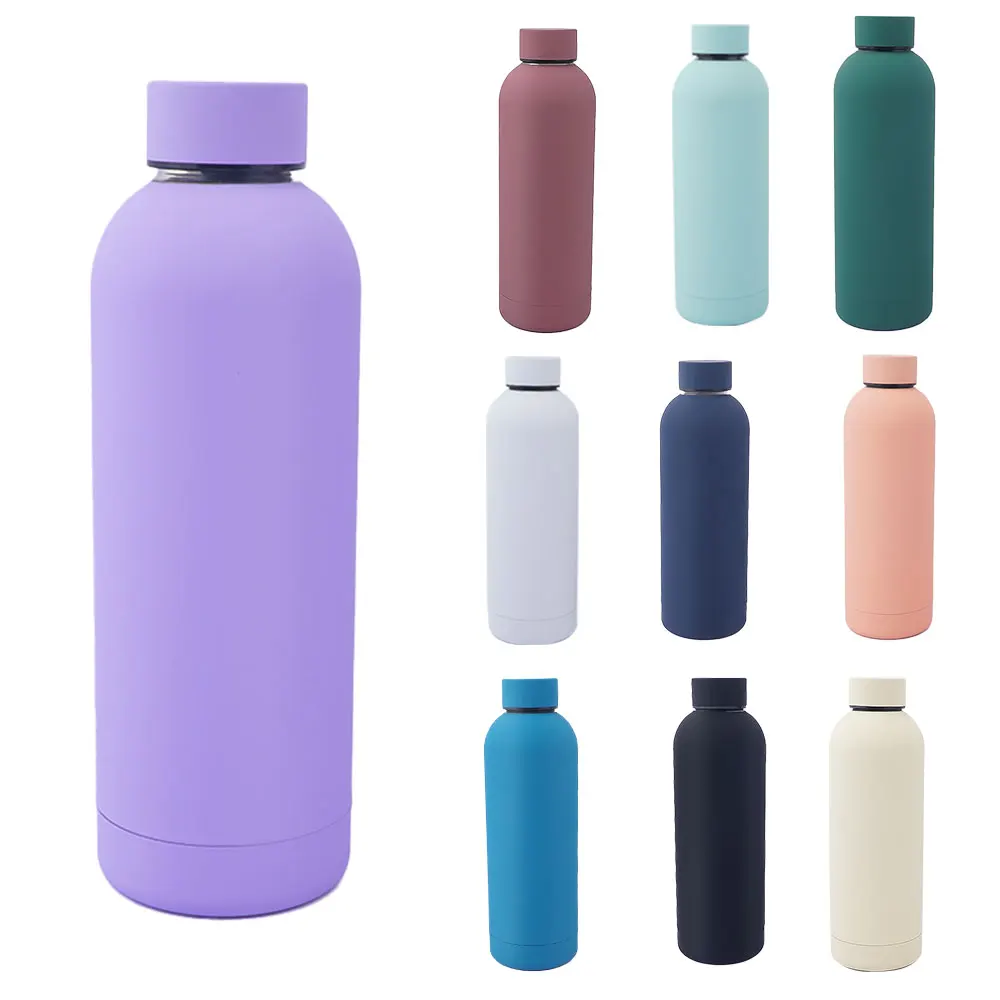 Stock  500ML Double Wall  Sport Small Mouth Rubber Coated Insulated Stainless Steel Water Bottle  Vacuum Flask