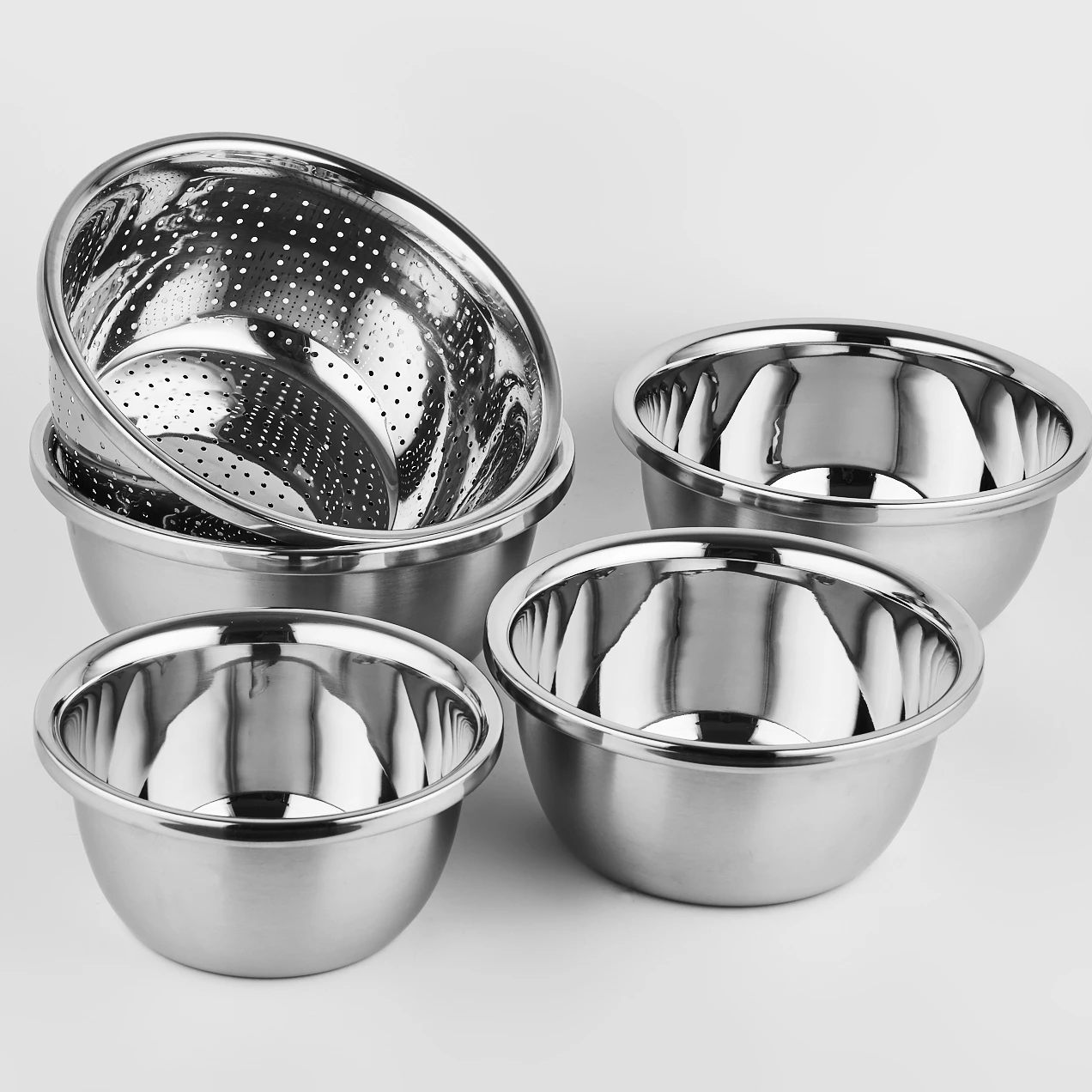 
Amazon hot sell customer logo multi function stainless steel mixing bowl set with strainer bucket rice sieves for kitchen tool 