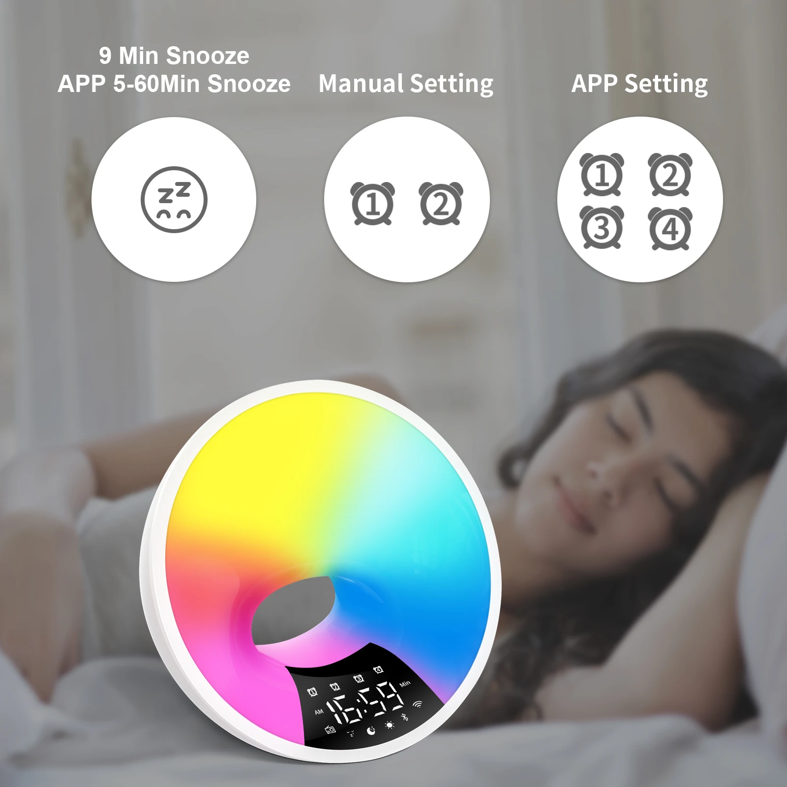Smart APP Bluetooth Alarm Clock White Noise Machine Simulate Sunrise and Sunset Colorful Wake Up Light