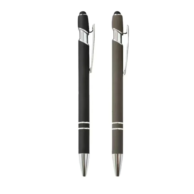 2024 Low MOQ Manufacture Soft Touch Click Ball Pen Stylus Laser Engraved Silicone Coating Aluminum Rubber Finish Sports Logo